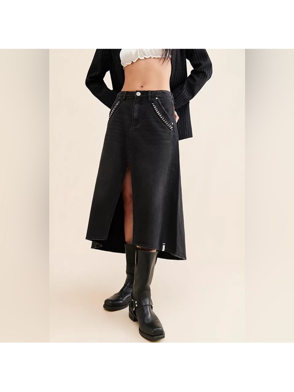 One Teaspoon X FREE PEOPLE Black Midi Denim Skirt with Front Slit Chain Size 27